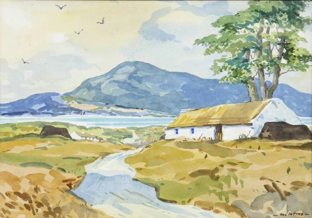 COASTAL SCENE WITH COTTAGES by James MacIntyre, watercolour, offered Jul 2018