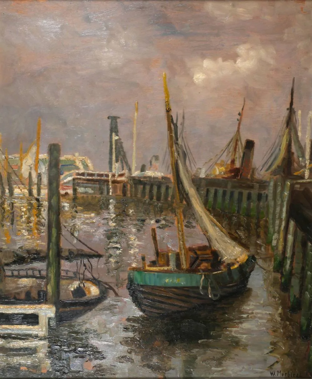 Carl Wilhelm Mosblech, HARBOUR SCENE and LAKE SCENE (A PAIR), oil on board; (2)