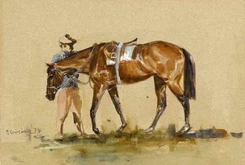 HORSE AND RIDER by Peter Curling, 1974, gouache, sold Jul 2018
