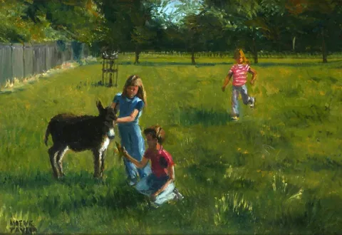 CHILDREN WITH DONKEY by Maeve Taylor, oil on canvas, sold Jul 2018