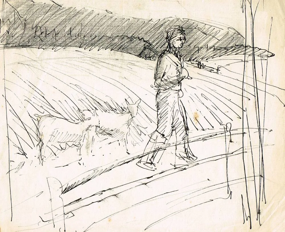 FIGURE WITH SHEEP by Basil Blackshaw, ink; (unframed), offered Jul 2018