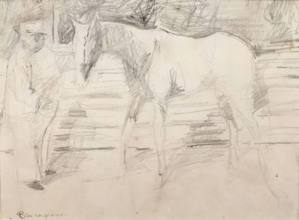FIGURE AND HORSE by Basil Blackshaw, pencil, sold Jul 2018