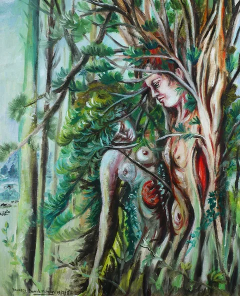 NUDES IN A FOREST by Frances Bunch Moran, 1988, oil on board, offered Jul 2018