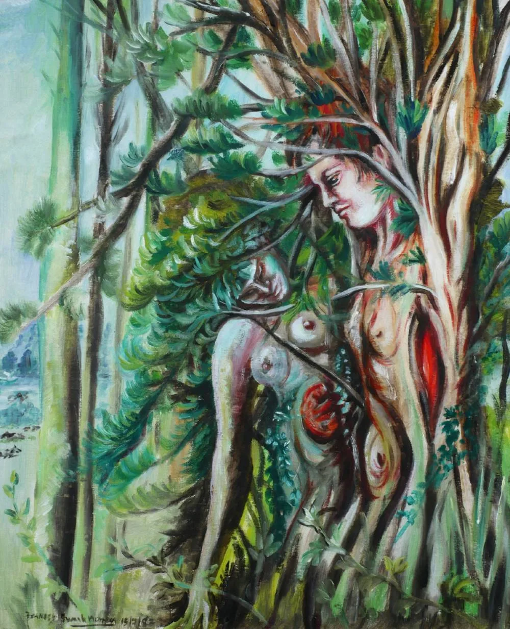 NUDES IN A FOREST by Frances Bunch Moran, 1988, oil on board, offered Jul 2018