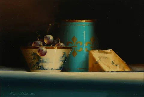 David Ffrench le Roy, STILL LIFE WITH GRAPES AND BLUE CHEESE, 2012, oil on board