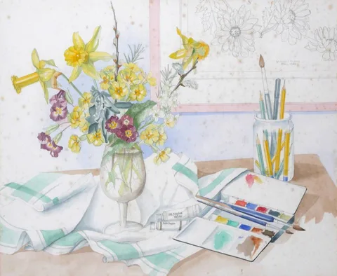 Bridget Flinn, STILL LIFE WITH DAFFODILS, PRIMROSES AND ARTIST'S TOOLS, 1986, watercolour over pencil