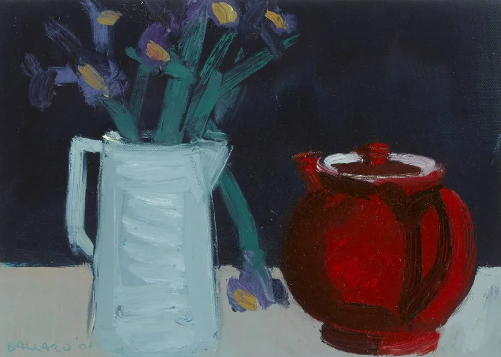 IRISES AND RED TEAPOT by Brian Ballard, 2006, oil on canvas, offered Jul 2018