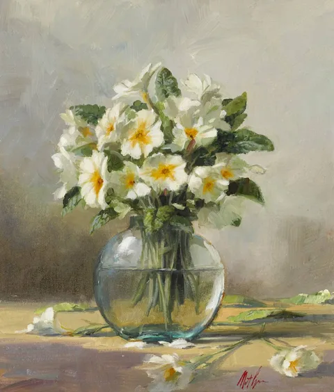 Matt Grogan, STILL LIFE WITH PRIMROSES, oil on board