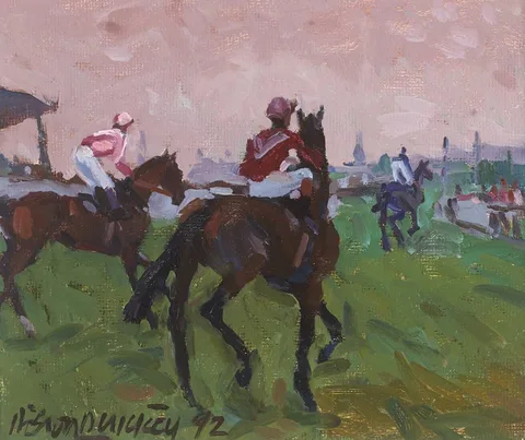 RUNNERS, 3rd PLACE, BELLEWSTOWN, DROGHEDA, COUNTY LOUTH by Desmond Hickey, 1992, oil on board, sold Jul 2018
