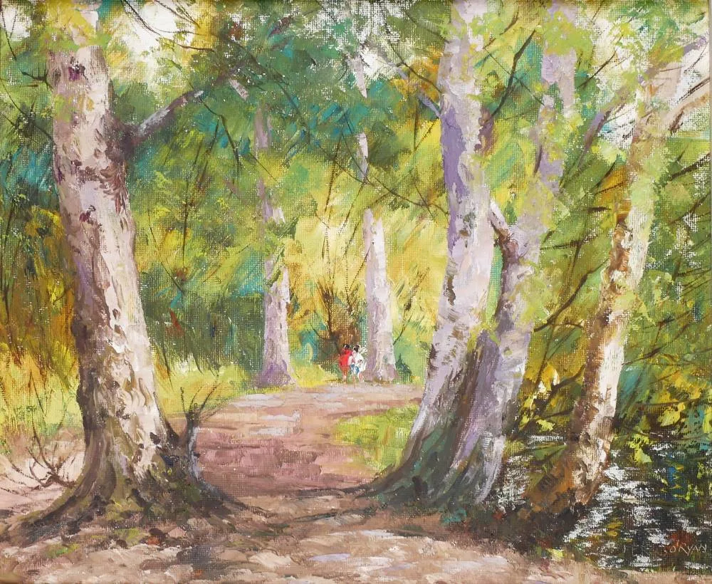 PATH BY THE LIFFEY, DUBLIN by Fergus O'Ryan, oil on board, sold Jul 2018