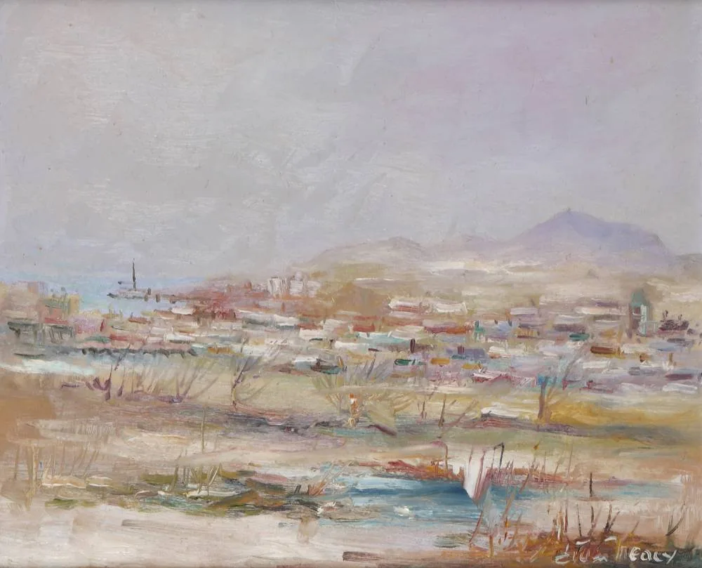 WINTER IN ARKLOW, COUNTY WICKLOW by Liam Treacy, oil on board, offered Jul 2018