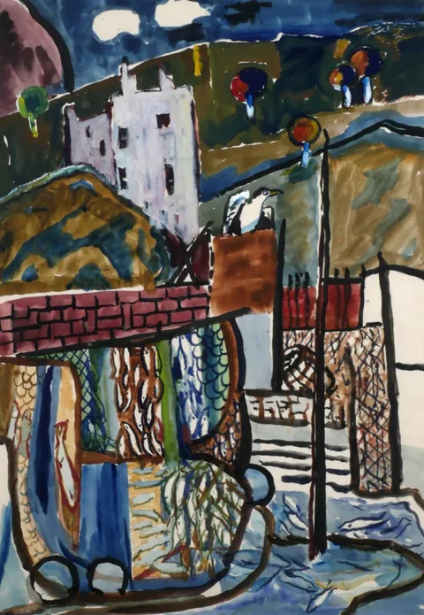 Caroline Scally, NETS ON THE WEIR, ISLANDBRIDGE, DUBLIN, gouache
