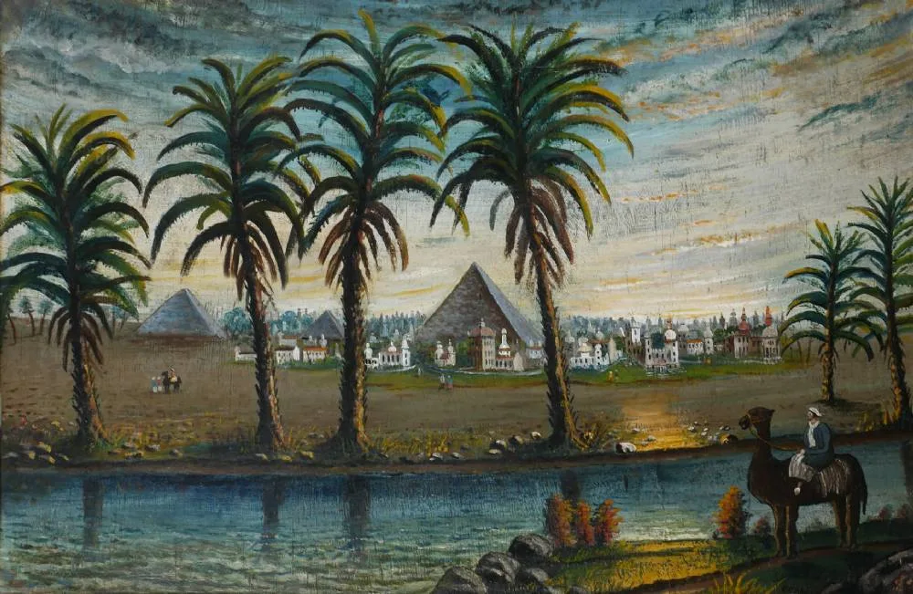 PYRAMIDS, EGYPT by E. Cahill, oil on board, offered Jul 2018