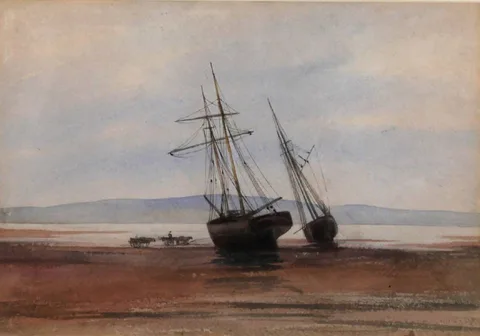 BEACHED FISHING BOATS by Andrew Nicholl, watercolour, offered Jul 2018