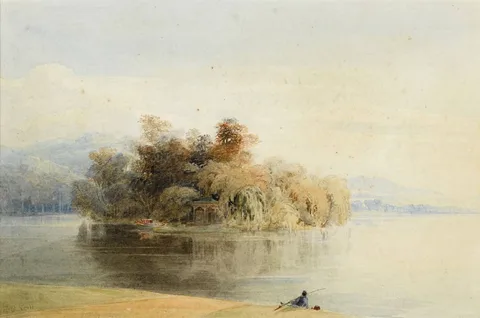 Henry O'Neill, VIEW OF AN ISLAND AND TEMPLE FROM ACROSS WATER, WITH A GENTLEMAN FISHING IN FOREGROUND, watercolour