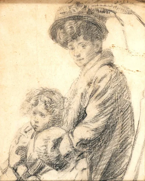 MARY JOSEPHINE FENNING AND SON SEAMUS by Francis J. O'Donohoe, 1907, pencil on board, sold Jul 2018