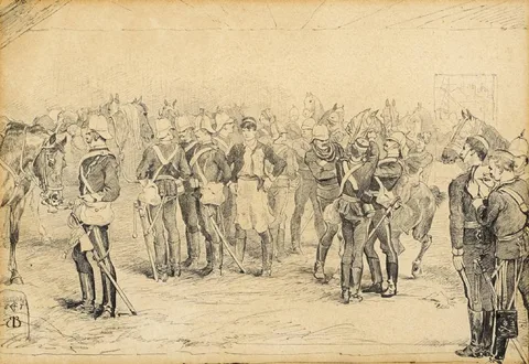EMBARKATION OF THE 17TH LANCERS FOR ZULULAND - BLINDFOLDING THE HORSES by Elizabeth Thompson, pencil, sold Jul 2018
