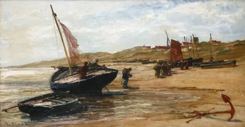 Edwin Ellis, MENDING BOATS, oil on canvas
