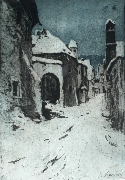 WINTER IN DÜRNSTEIN, AUSTRIA by Luigi Kasimir, etching, sold Jul 2018