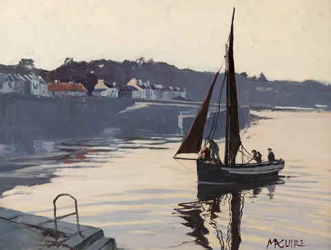 EVENING, OLD QUAY, ROUNDSTONE by Cecil Maguire, oil on board, sold May 2018