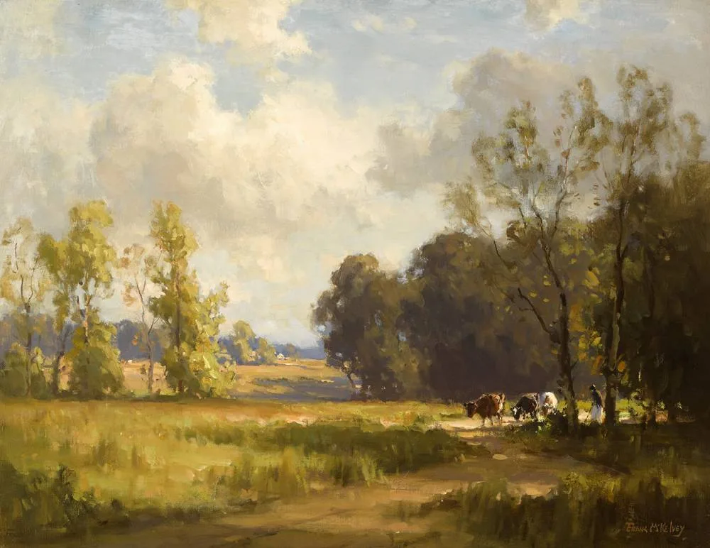 FIGURE WITH CATTLE IN A LANDSCAPE by Frank McKelvey, oil on canvas, sold May 2018
