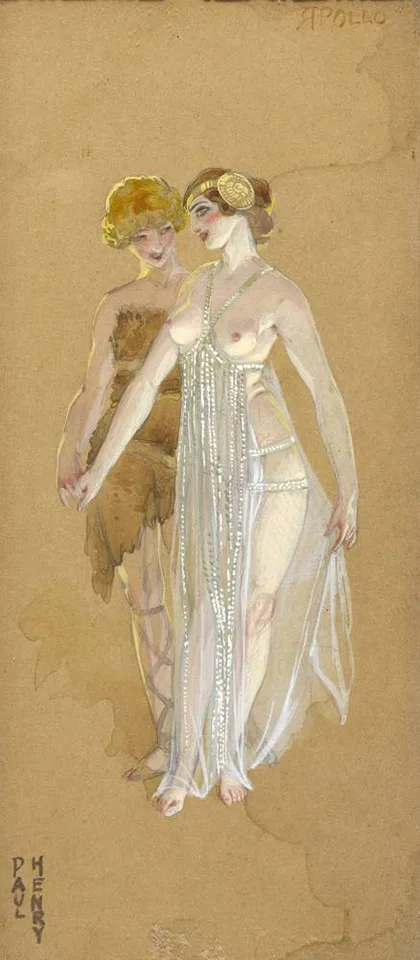 Paul Henry, APOLLO, CIGALE, FOL-BERG and LADY WITH FEATHERED HAT AND BOA, c.1898-1899, gouache on board; (4)