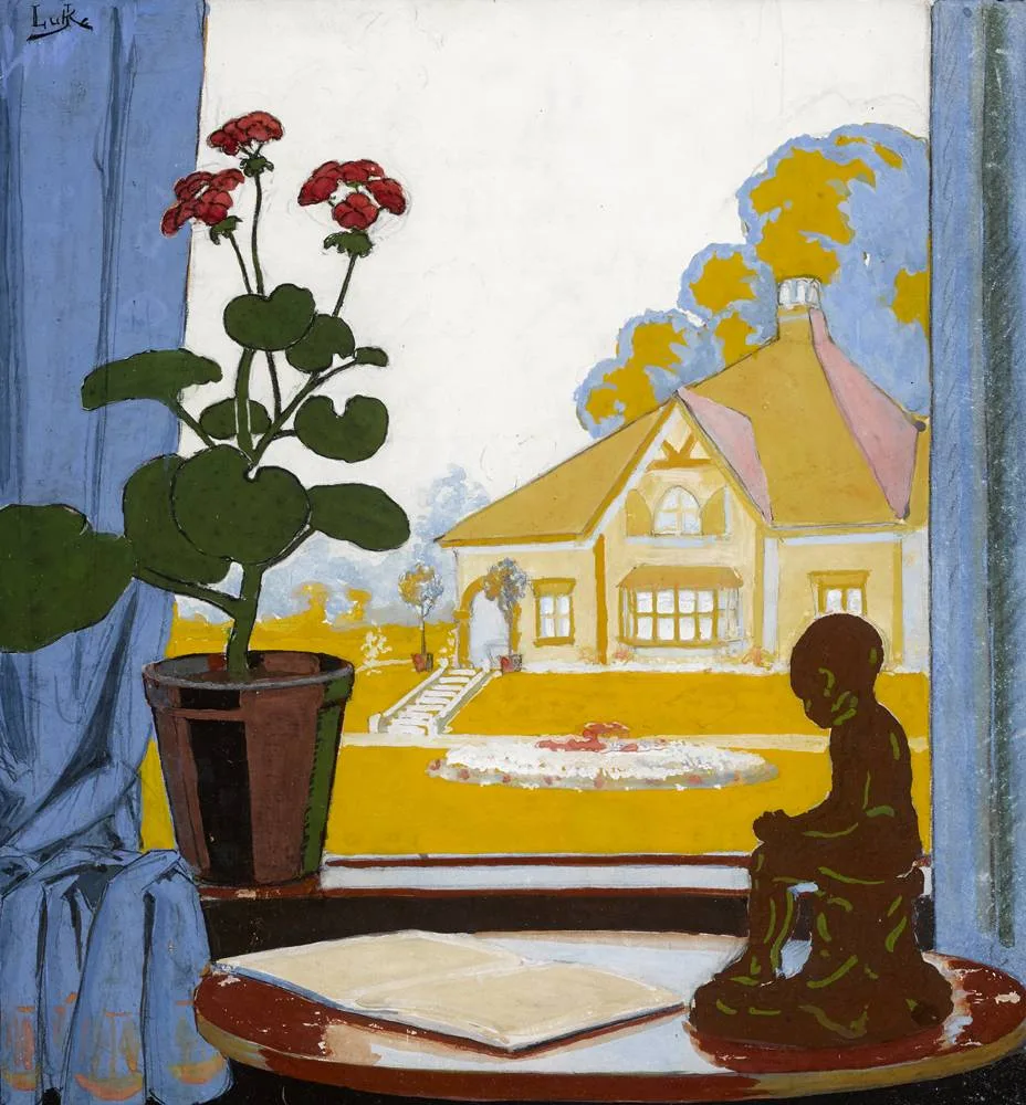 LOOKING THROUGH THE WINDOW by John Luke, 1929, watercolour and gouache on board, sold May 2018