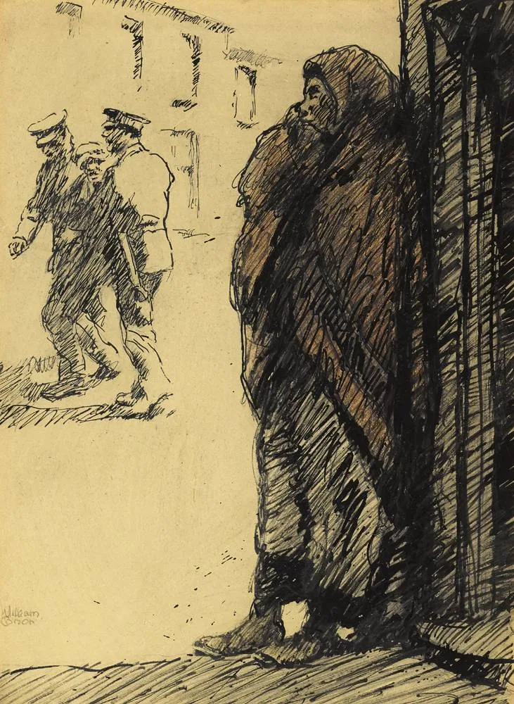 THE ONLOOKERS by William Conor, ink and watercolour, offered May 2018