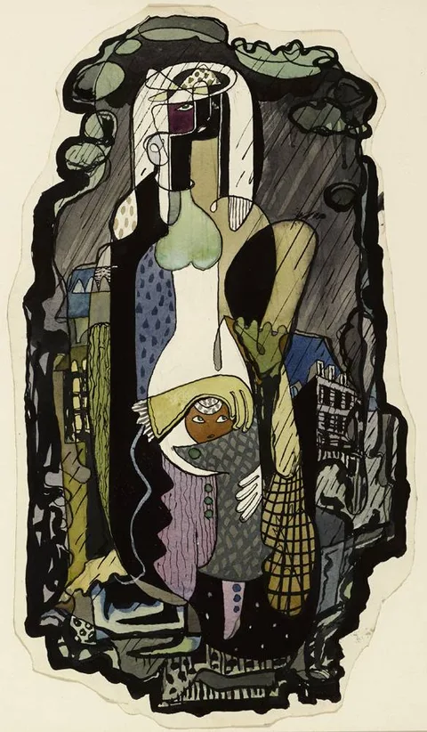 Mícheál MacLíammóir, BAISTEACH AR PHARIS ANUAS [RAIN DESCENDS ON PARIS] and CUIREADH DON GHRÉIN [INVITATION TO THE SUN], pencil, ink and gouache; (2)