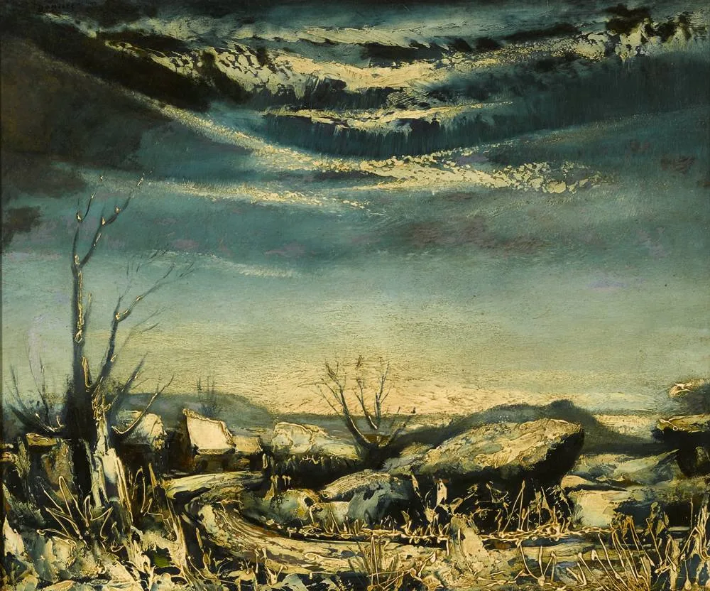 DESERTED VILLAGE by Daniel O'Neill, oil on board, sold May 2018
