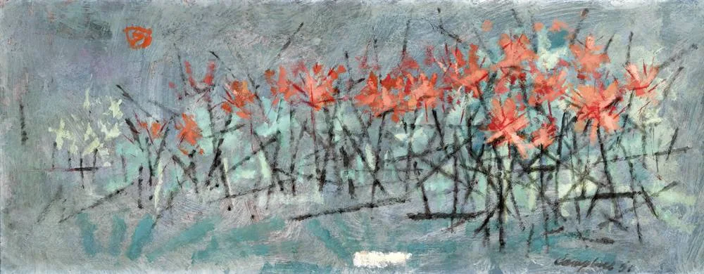 FLOWER SCENE by George Campbell, 1951, lacquer on masonite, sold May 2018