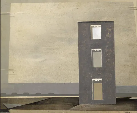 Nevill Johnson, HOUSE BY THE CANAL, c.1948-1956, oil on board