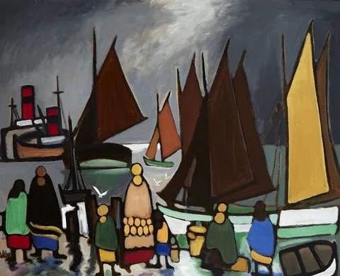 HARBOUR SCENE WITH WOMEN AND CHILDREN WATCHING THE BOATS by Markey Robinson, oil on board, sold May 2018