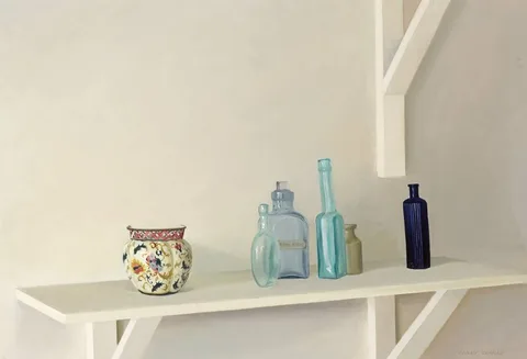 Carey Clarke, STILL LIFE - VESSELS ON A SHELF, oil on canvas