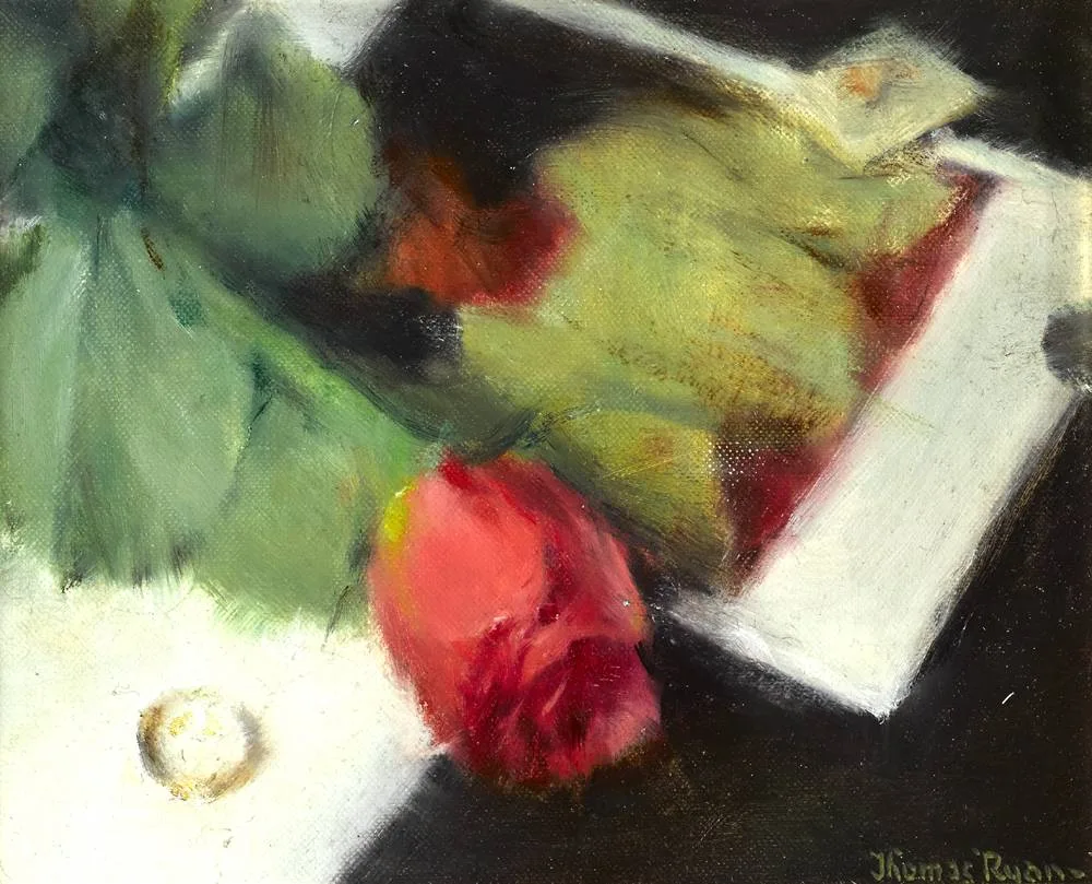 STILL LIFE WITH ROSE by Thomas Ryan, oil on board, offered May 2018