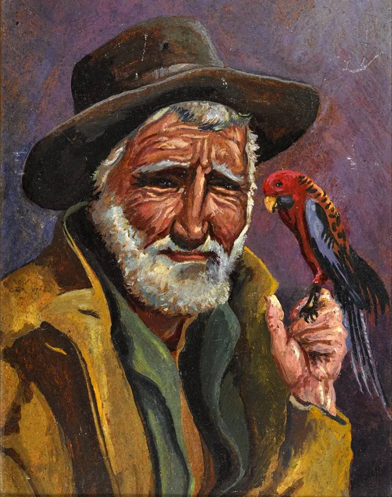 MAN WITH A RED PARAKEET by Harry Kernoff, oil on board, sold May 2018
