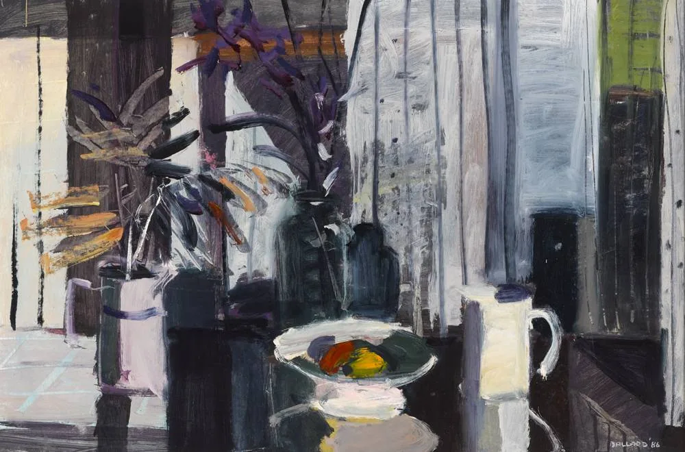 IRISES AND FRUIT by Brian Ballard, 1986, oil on board, sold May 2018