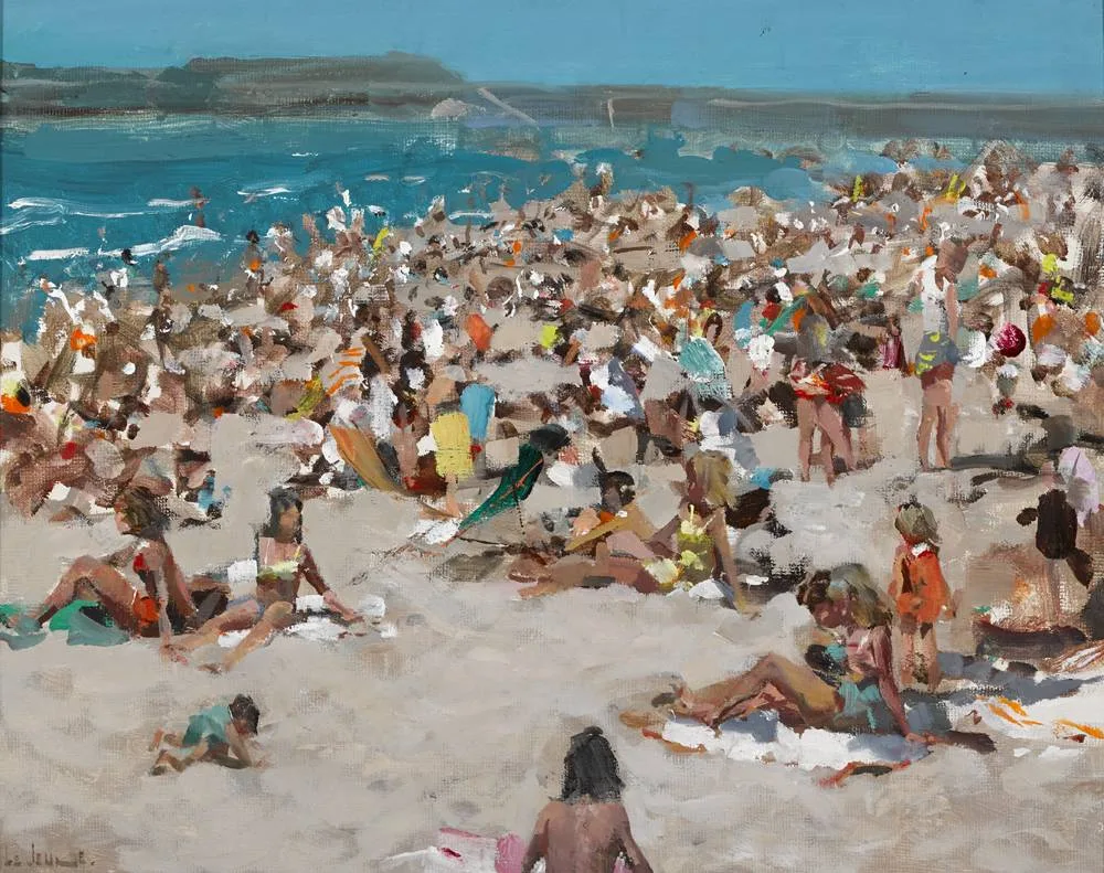 BEACH SCENE by James Le Jeune, c.1970, oil on board, sold May 2018