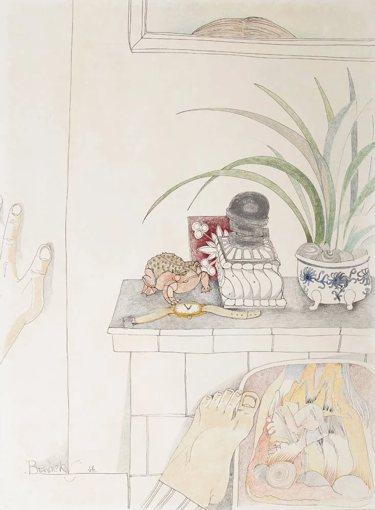 WARMING MY FOOT by Pauline Bewick, 1973, ink and pastel, sold May 2018