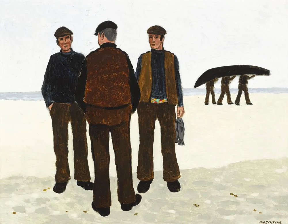 FISHERMEN TALKING by James MacIntyre, c.1976, oil on board, sold May 2018