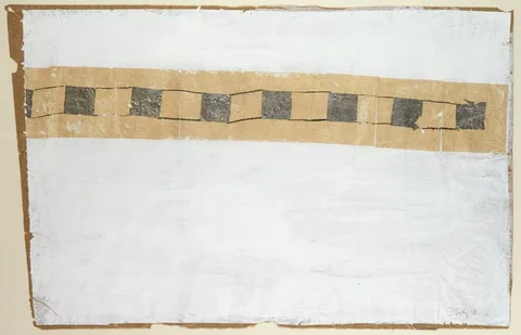 TRAIN TRACKS [DIPTYCH] by Saralene Ann Tapley, 2000, oil and collage on tinted paper, sold May 2018