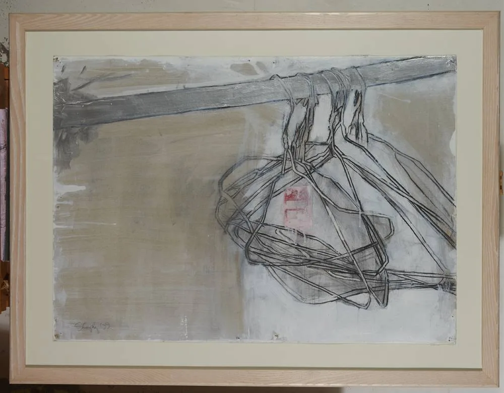 HANGERS by Saralene Ann Tapley, 1999, oil and collage on card, sold May 2018