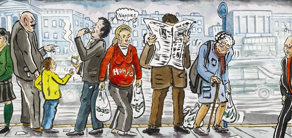 Daniel Shaw-Smith, NORTHSIDE QUEUE, 2002, pencil and watercolour