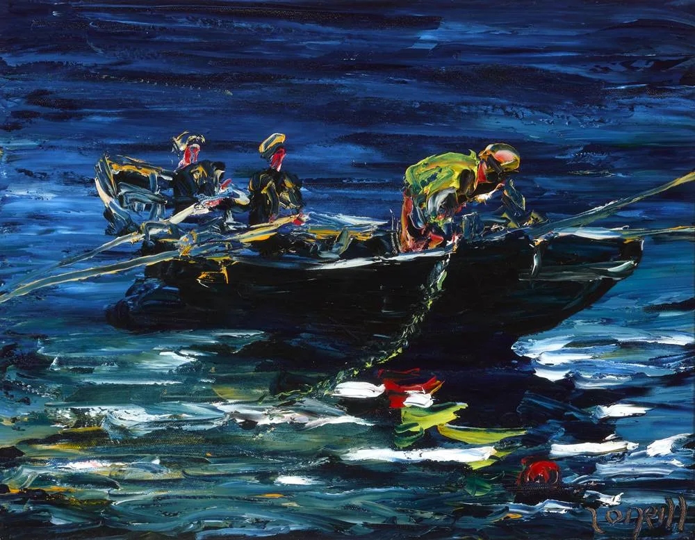THREE MEN IN A BOAT by Liam O'Neill, oil on canvas, sold Feb 2018