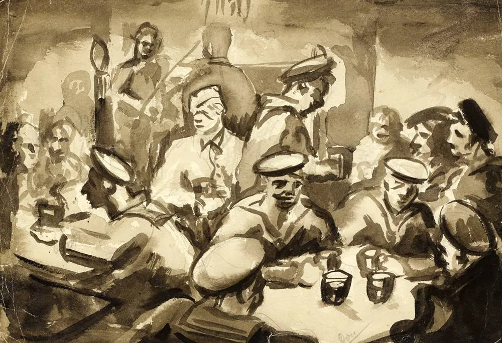 IN THE BAR by Daniel O'Neill, ink and wash, sold Feb 2018