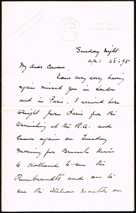 AUTOGRAPHED LETTER TO SCOTTISH PATRON J.J. COWAN, 28 APRIL 1895 by John Lavery, two and a half pages Octavo on Arts Club notepaper, sold Feb 2018