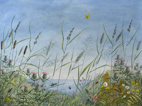 William Eric Horsbrugh-Porter, VIEW OF WILD FLOWERS LOOKING TOWARDS THE SEA, oil on board