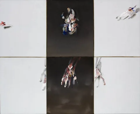 Louis le Brocquy, REACHING. HOMAGE TO JOHN MONTAGUE, 1968, oil on canvas; (hexaptych)