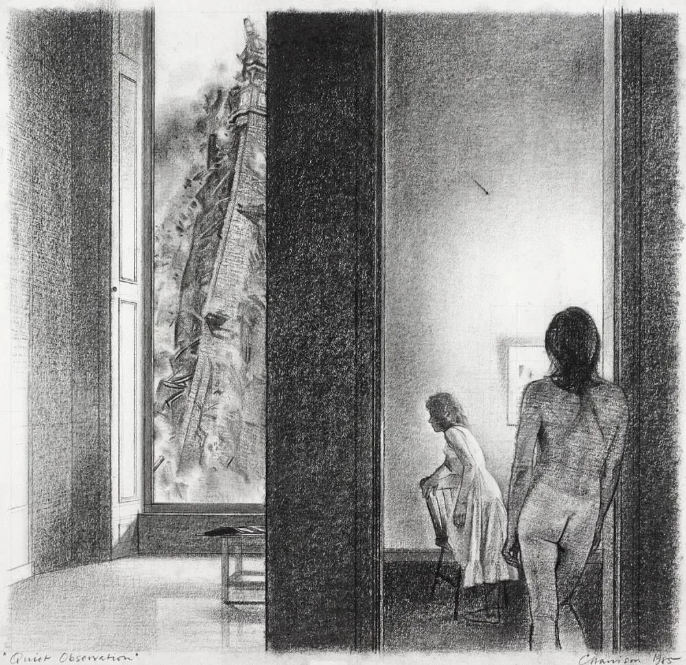 QUIET OBSERVATION by Colin Harrison, 1985, charcoal, sold Feb 2018