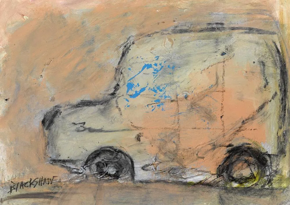 WHITE AND BLUE VAN by Basil Blackshaw, oil and charcoal on canvas board, sold Feb 2018